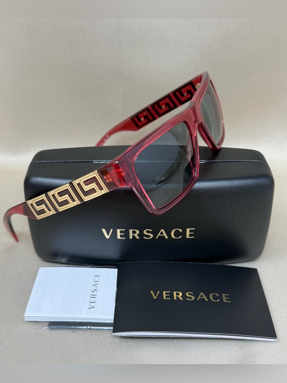 Versace VE4445 Translucent Red Greca Sunglasses Case Italy
